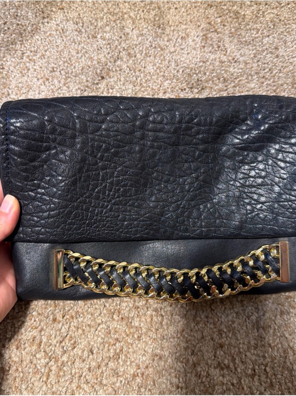 Vince Camuto Black Leather Fold-Over Clutch with Gold Chain Accent